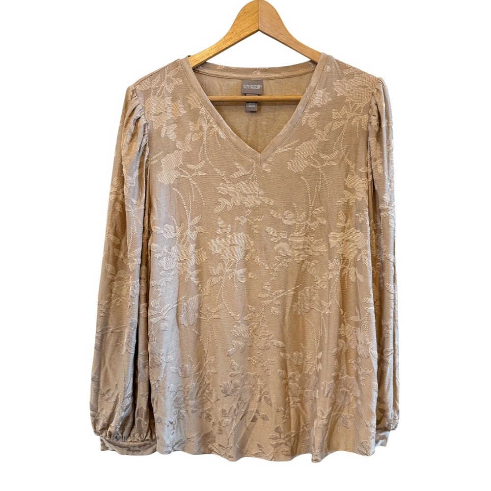 Chico's NWT Gold/Camel Floral V-Neck Puffed Bishop Sleeves Size 2 (12/L) Blouse - Picture 1 of 9